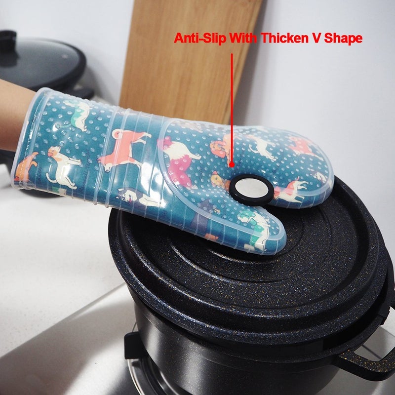 RED LMLDETA Oven Mitts Set of 2 with Transparent Clear Silicone Shell and Nice Dog Printing Cotton Lining, Heat Resistant to 500 F Kitchen Oven Gloves Pot Holder for Cooking (Blue) - Image 3